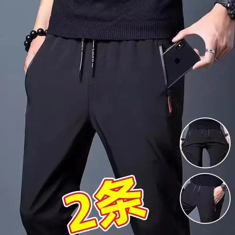 Ice Silk Thin Zipper Pocket Casual Pants Men's Summer Cool Feeling Quick Dry Breathable Straight Leg Long Pants Workwear