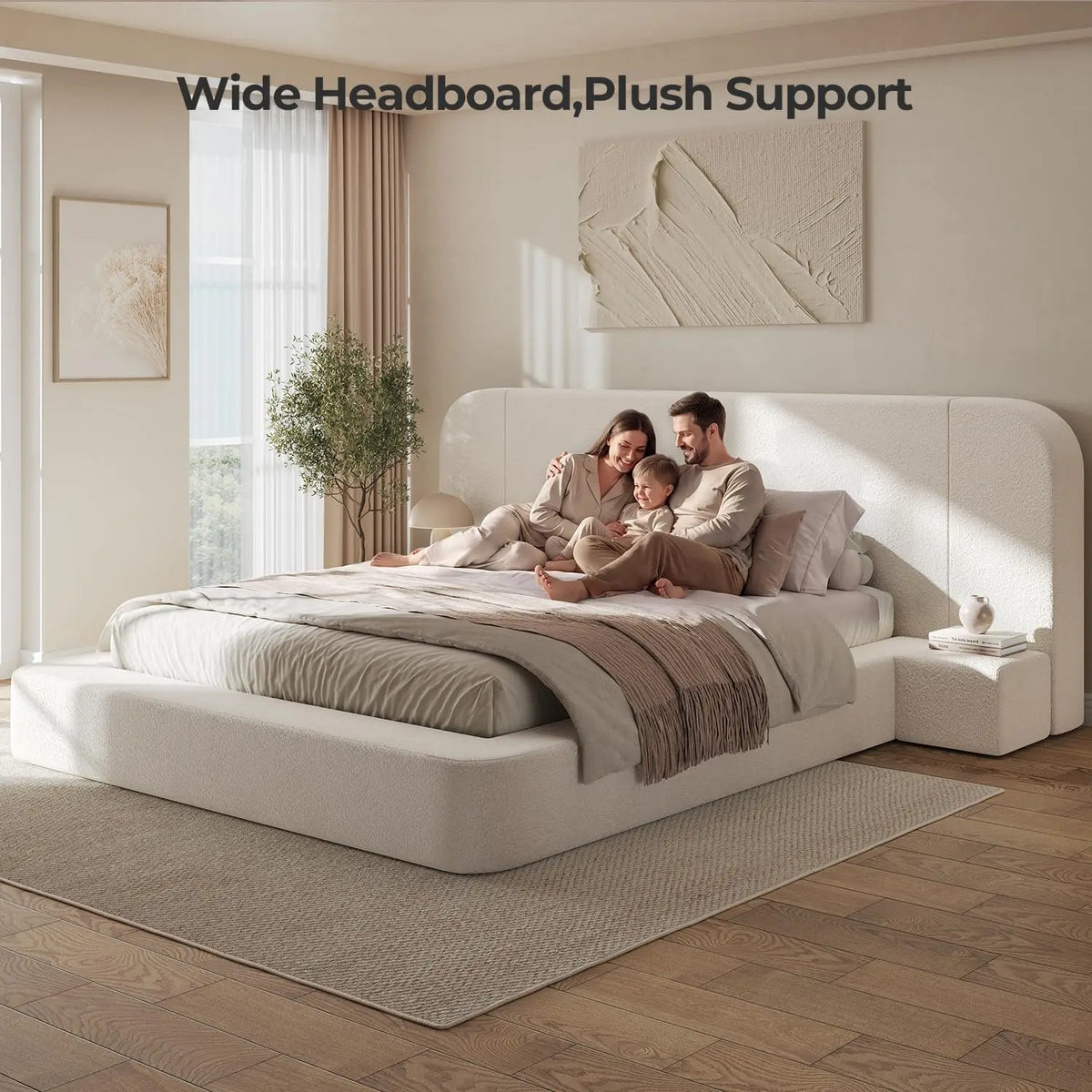 Upholstered King Bed Frame with Headboard & Nightstands, Beige, 110" Wide, 4.9" Foam, Noise-Free, No Box Spring, Customized