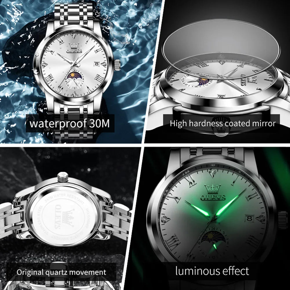 OLEVS 3656 Brand Men's Watches Fashion Original Quartz Watch for Man Waterproof Stainless Steel Luminous Wristwatch Moon Phase