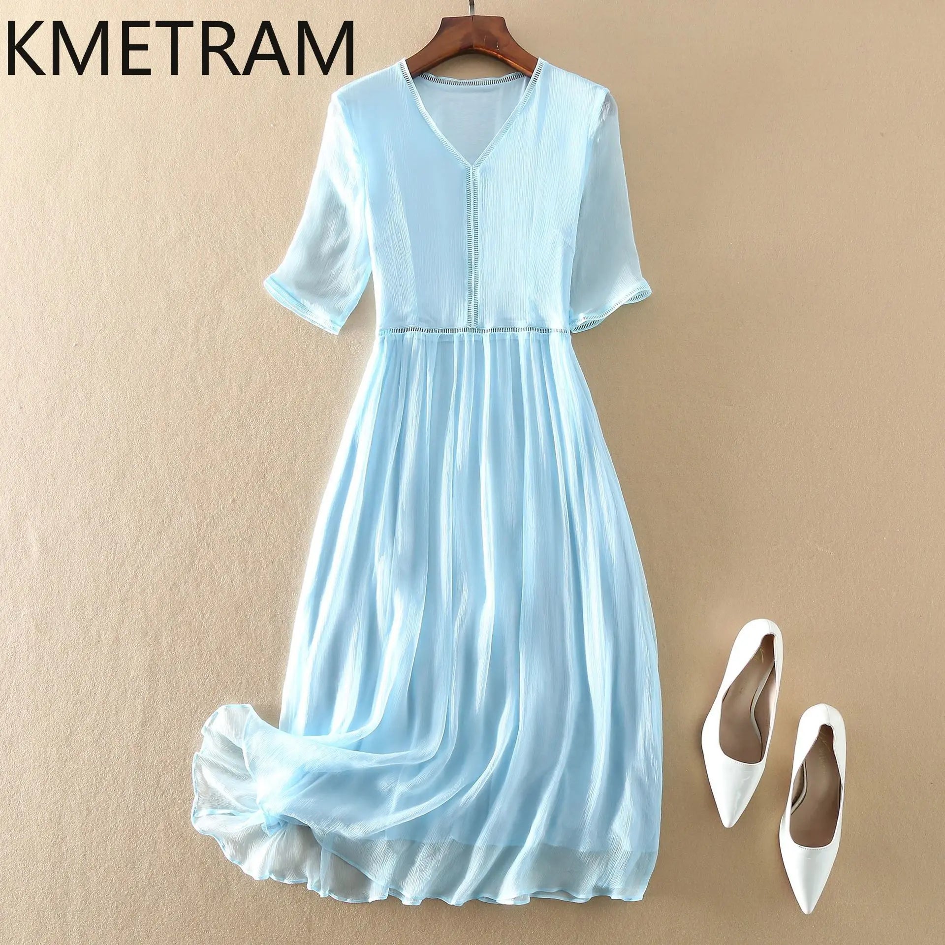 KMETRAM 100% Natural Mulberry Silk Dresses 2025 Woman Summer Elegant V-neck Long Dress Party Frocks Women Clothing Vestidos