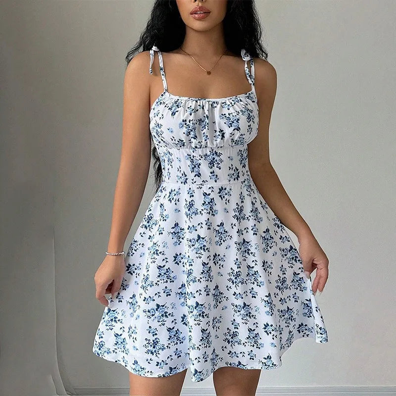 Women Sleeveless Cami Dress Floral Printed Tie Strap Square Neck Ruched Flowy Short Dress for Beach Vacation