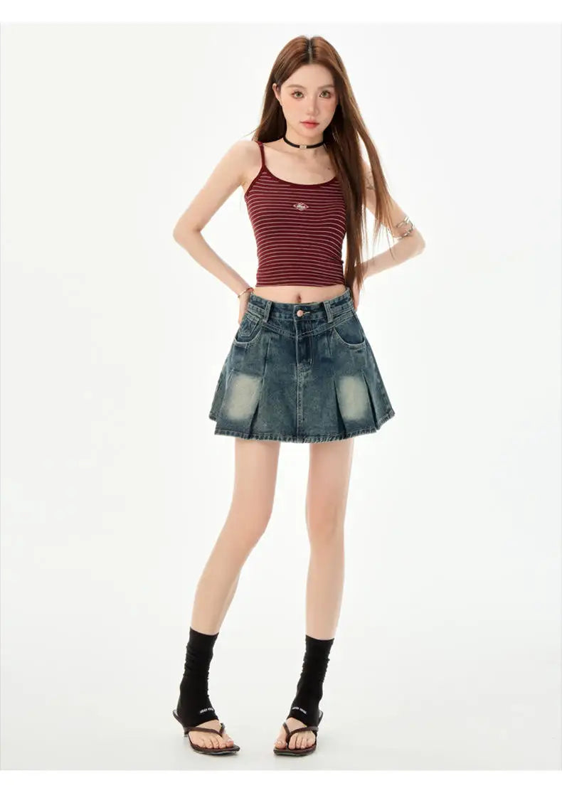 Trendy High Waist Pleated  Denim Skirt Women's Spring Summer New Lazy Style A-Line Half-length Jeans Skirts