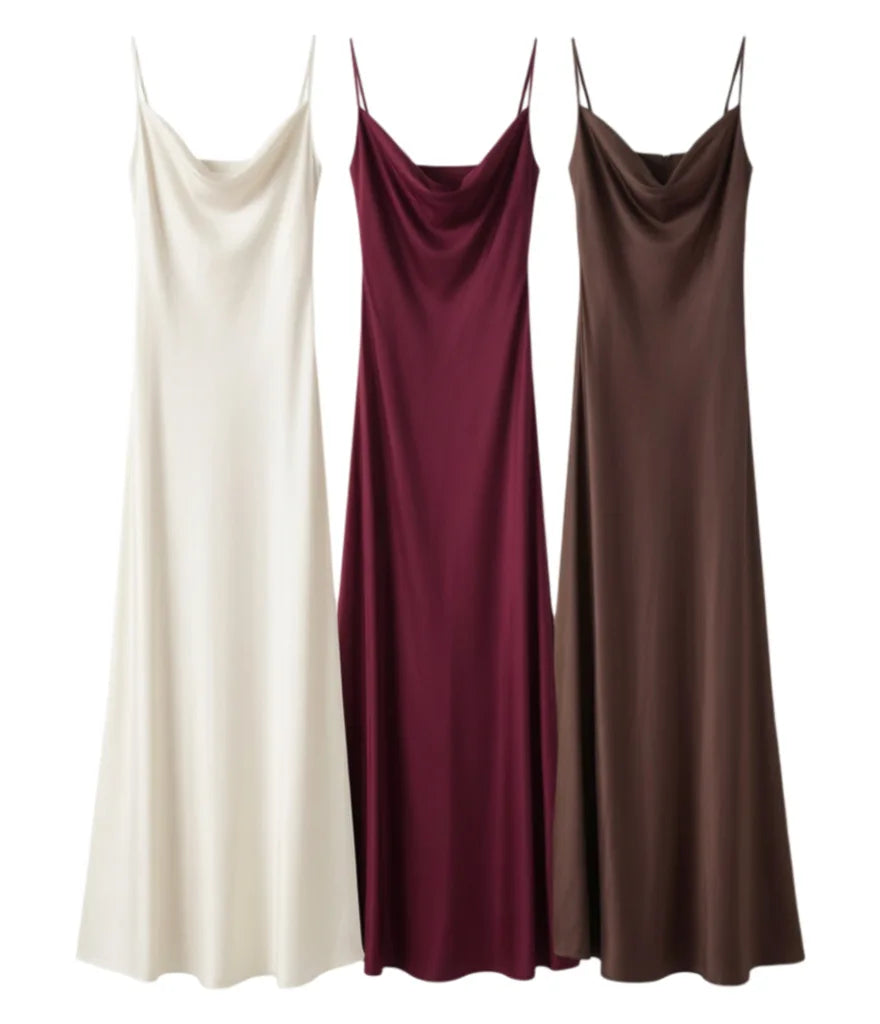 Acetate Satin Long Dress Women's Vacation Gown U-Neck Strapless Luxury Elegant Draped Skirt Three-Dimensional Effect Dyed