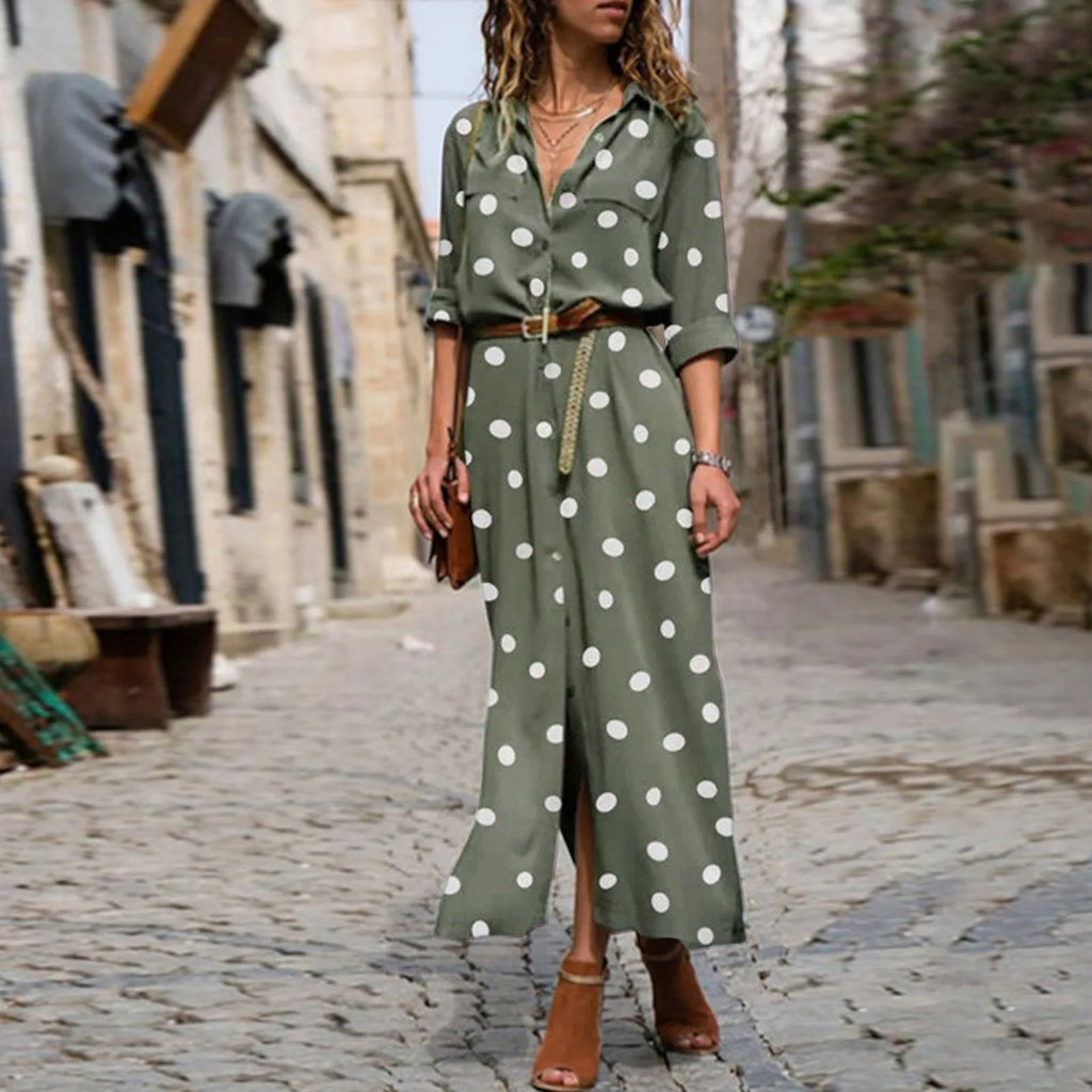Summer Polka Dot Print Maxi Dress Women's Button Up Split Flowy Shirt Long Dresses Slim Long Sleeve Shirts Dresses With Belt