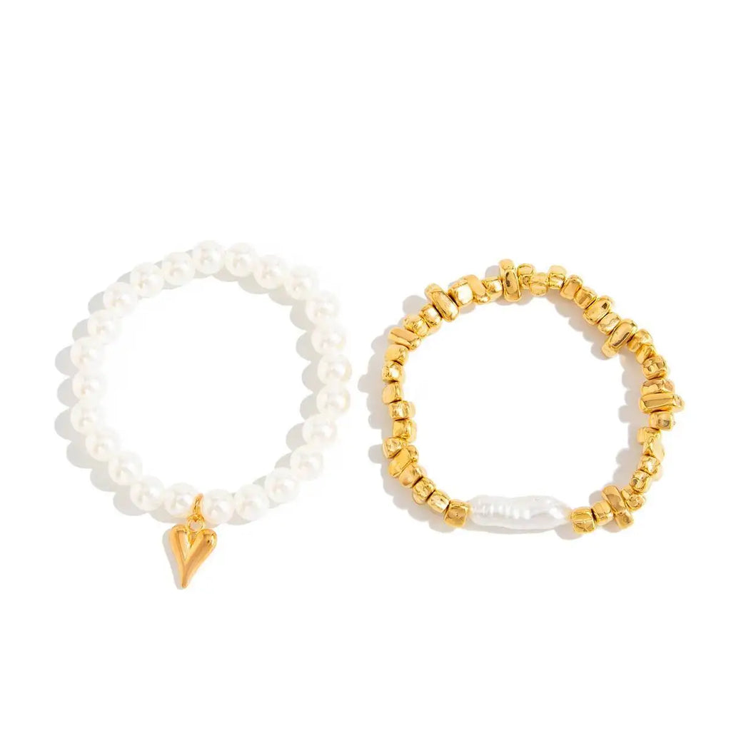 2Pcs/Set Elegant Imitation Pearl Bracelet For Women'S Bohemian Elastic Rope Chain Bracelet With Heart Pendant Jewelry