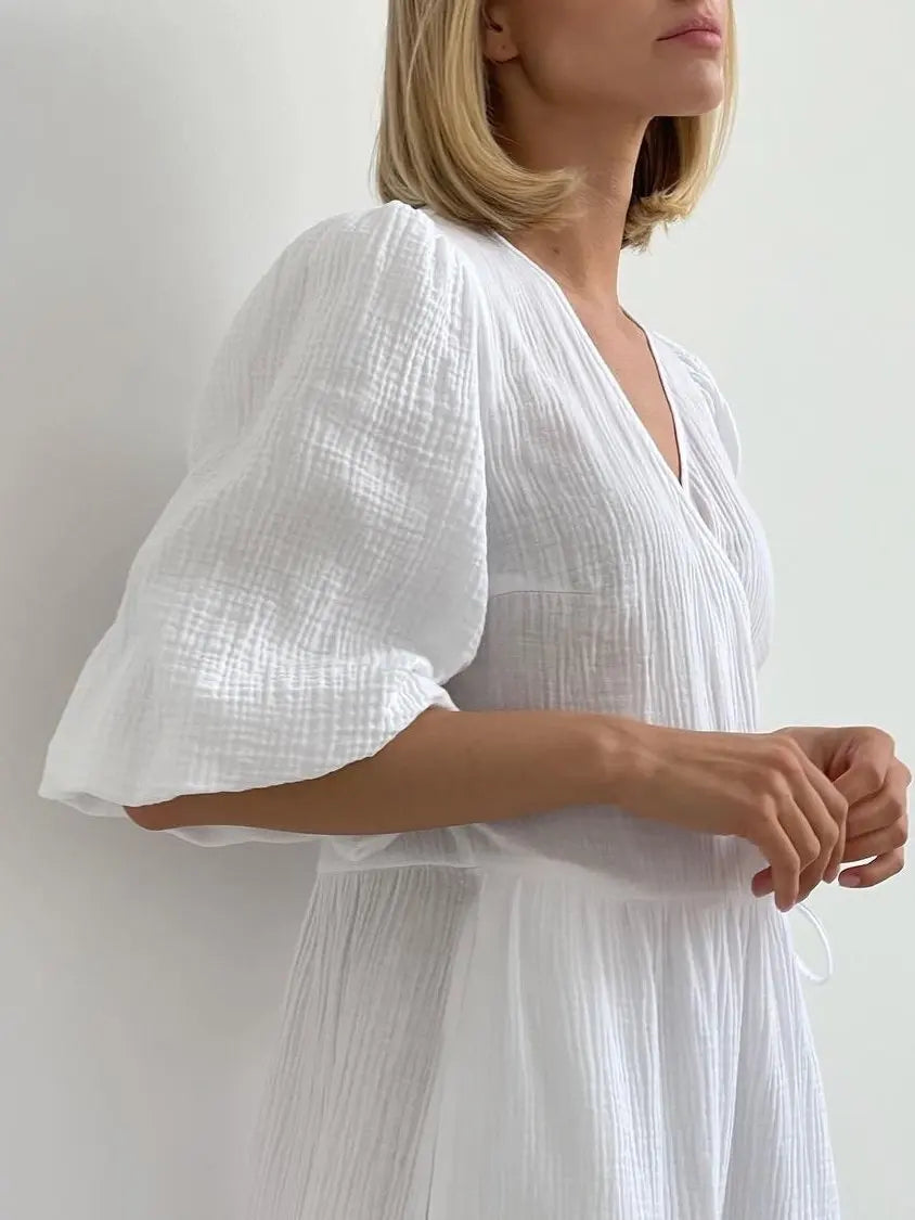 Long Dress Women Dresses Vestidos Lace Up V Neck Puff Sleeve Solid High Waist Female A Line Office Lady Summer 2025 Maxi Gown