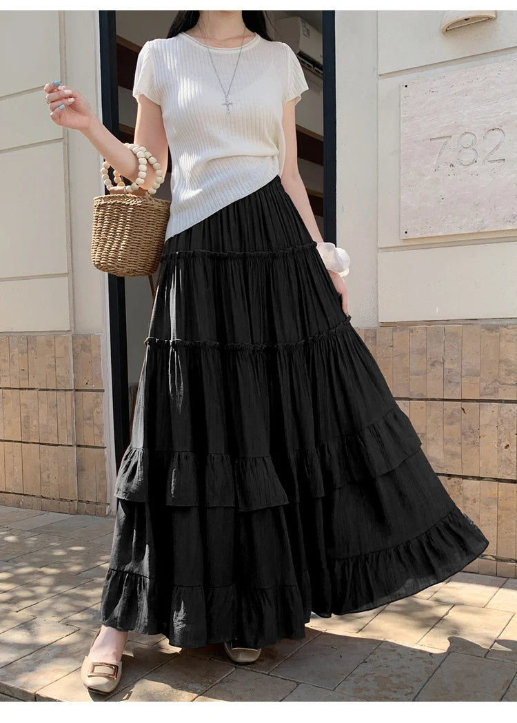 White Tiered Ruffle Hem Skirt 2025 - High Waist Flowy A-Line Maxi Skirt, Summer Chiffon Layered Skirt with Pleats