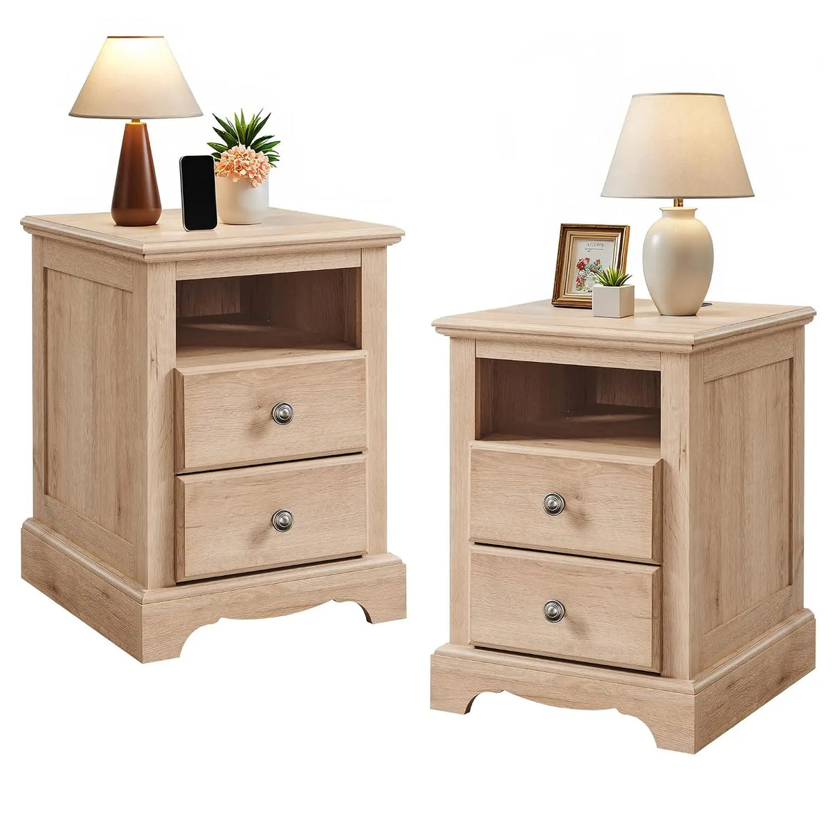 Vintage Nightstand Set of 2 with Charging Station, Light Walnut, Customized