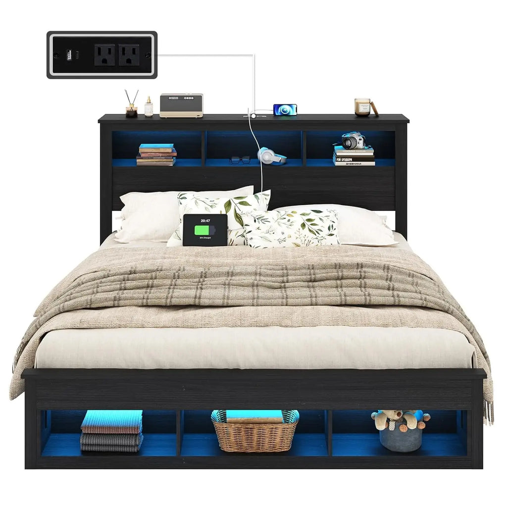 King Bed Frame with 47.2” Bookcase Storage Headboard & Footboard, Farmhouse Wooden Platform Bed with LED Light, Custom