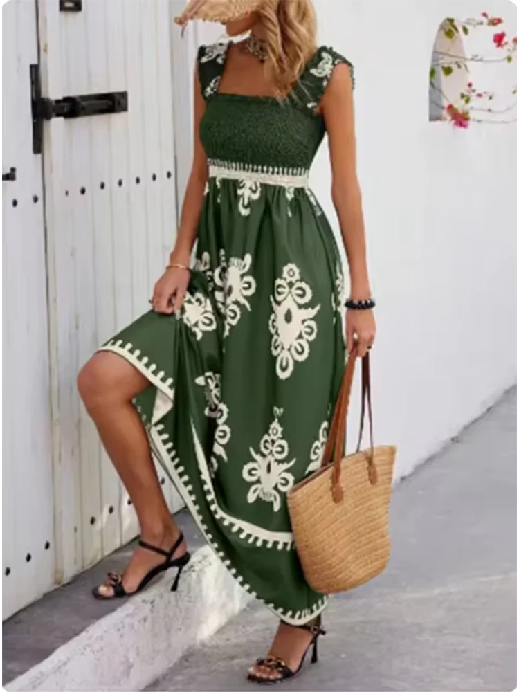 Women Suspender High Waist A Line Dresses Beach Vacation Robe Summer Sleeveless Square Collar Printed Dress