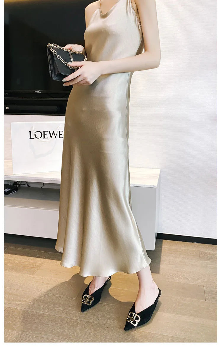 2026 fashion Sexy Satin Long Dress Summer Lady Acetate satin Party Dress High Waist Slim Female Retro Dress Red Pink robe femme