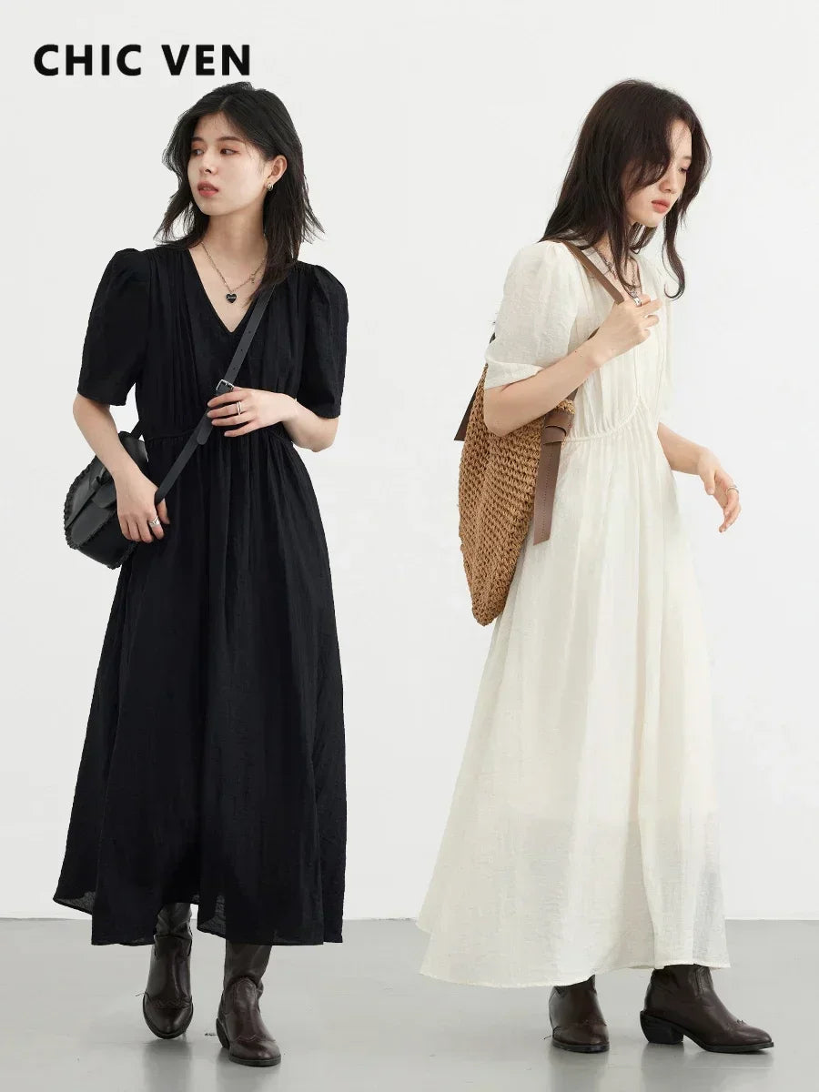 Chic Ven Womens Dress French Style Vintage V Neck Puff Sleeve Long Black Loose Fit For Women Summer
