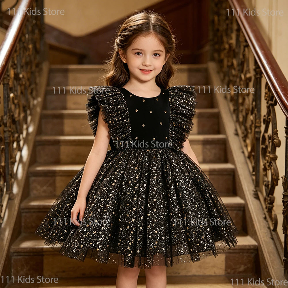 Children Summer Dresses Star Sequin Princess Dress Toddler Girls Puffy Mesh Wedding Dress Luxury Evening Dress Baby Clothes 1-5Y