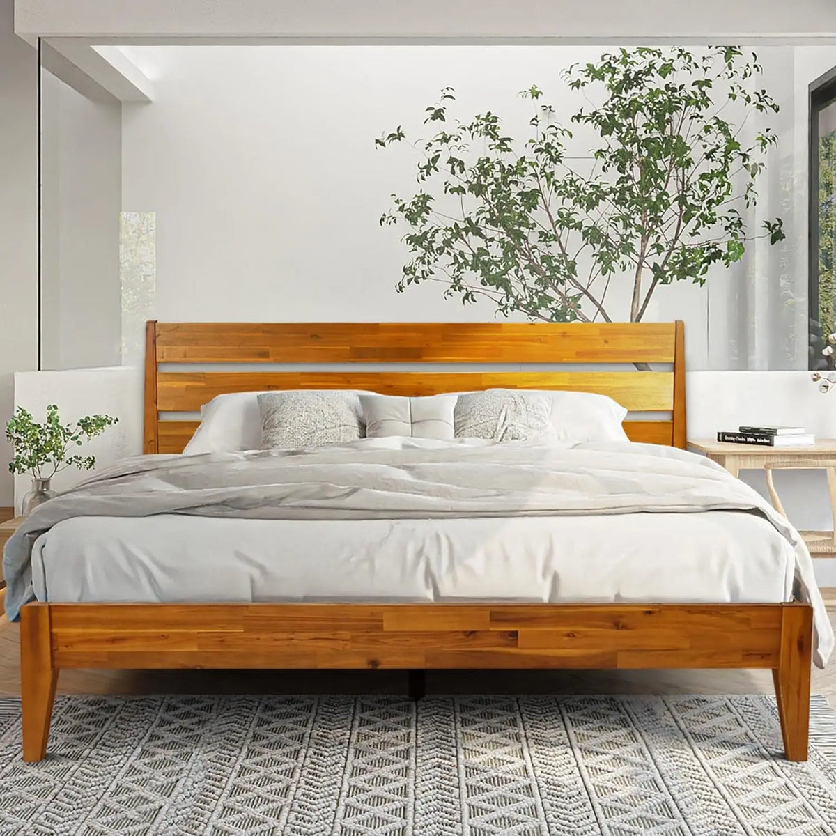 Acacia Wood Platform Bed Frame with Headboard, King Size, Caramel