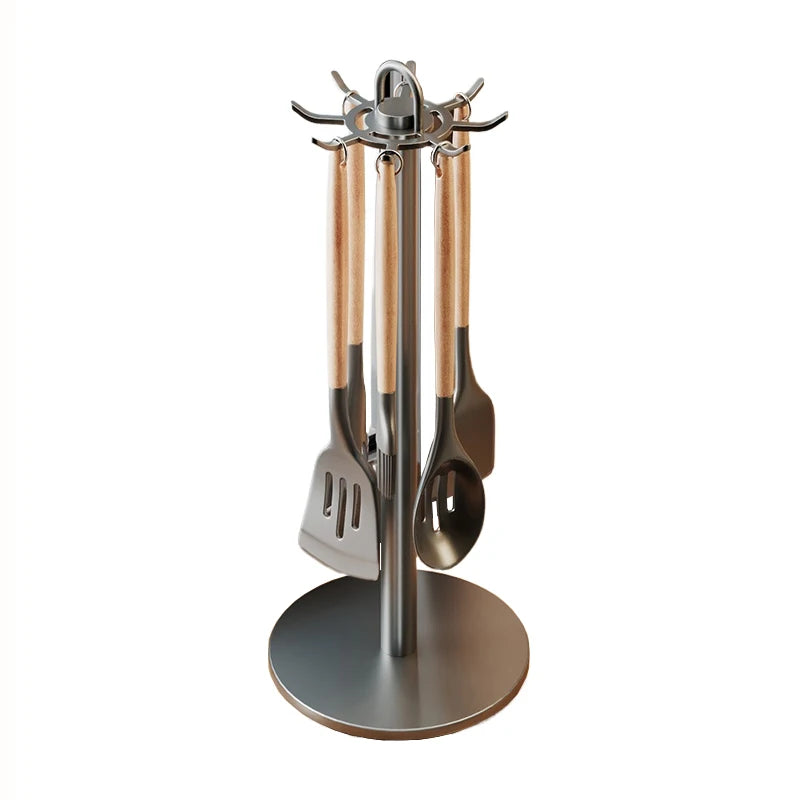 Soporte para utensilios de cocina: colgador de almacenamiento giratorio con 8 ganchos, para organización de encimeras, soporte giratorio para utensilios de cocina