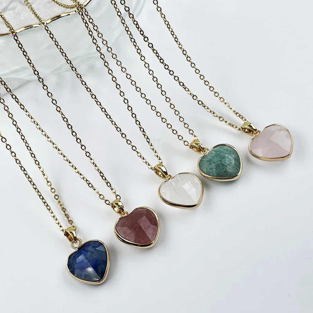Natural Crystal Stone Heart Shaped Pendant Necklace For Women'S Stainless Steel Chain Strawberry Quartz Pendulum Choker Jewelry