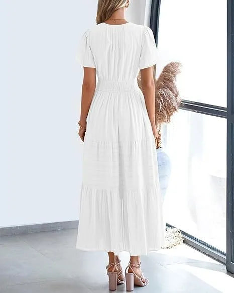 Summer Solid Color V-neck Tight Waist Dress French Style Elegant Pleated Large Swing Long Dress Casual Vacation Style Slimming M