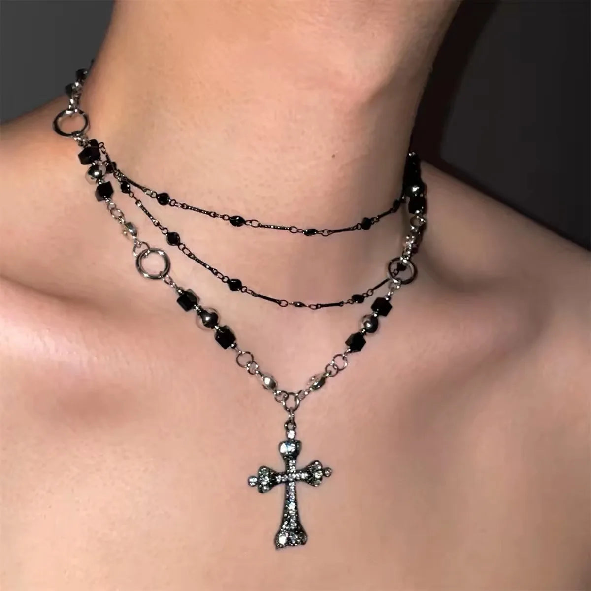 Punk Zircon Cross Pendant Necklace for Men Women Spicy Girl Sweet and Cool Style Multi Layered Necklace Gothic Jewelry Gifts