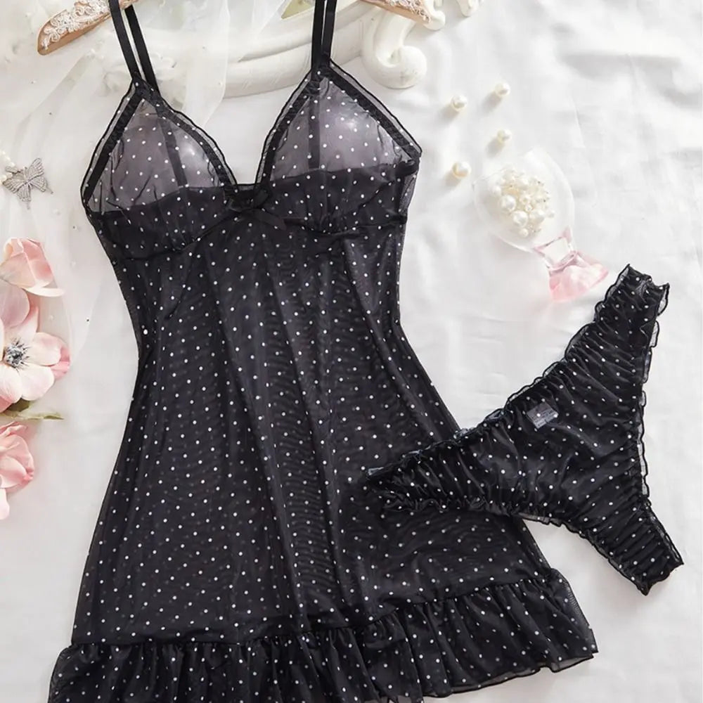 Home Wear Polka Dot Sweet Nightdress Transparent Mesh Sheer Nightwear Skirt Ruffle Hem V Neck Sleeveless Nightgown Women