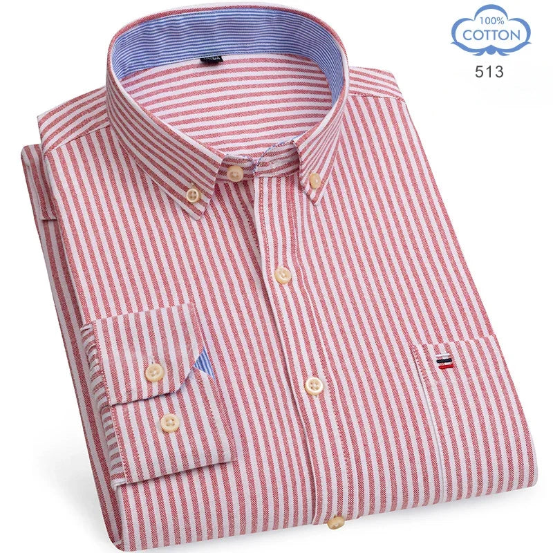 100 Percent Cotton Oxford Shirt For Men Long Sleeve Plaid Pattern Business Office Wear Smart Casual