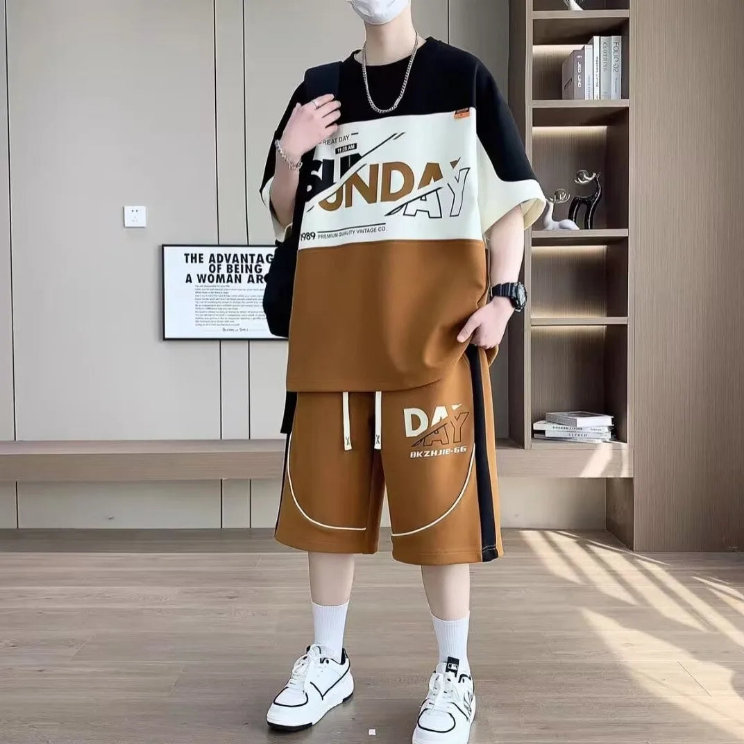 Summer Men'S Large Suit S-6Xl New Trendy Two Piece Set Korean High Street Fashion T-Shirt Shorts Tracksuits Designer Clothes Men