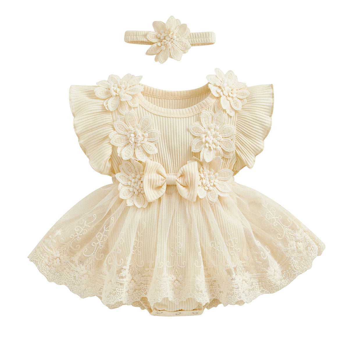 Baby Girls 3D Flower Mesh Lace Ruffle Romper Dress and Headband Set