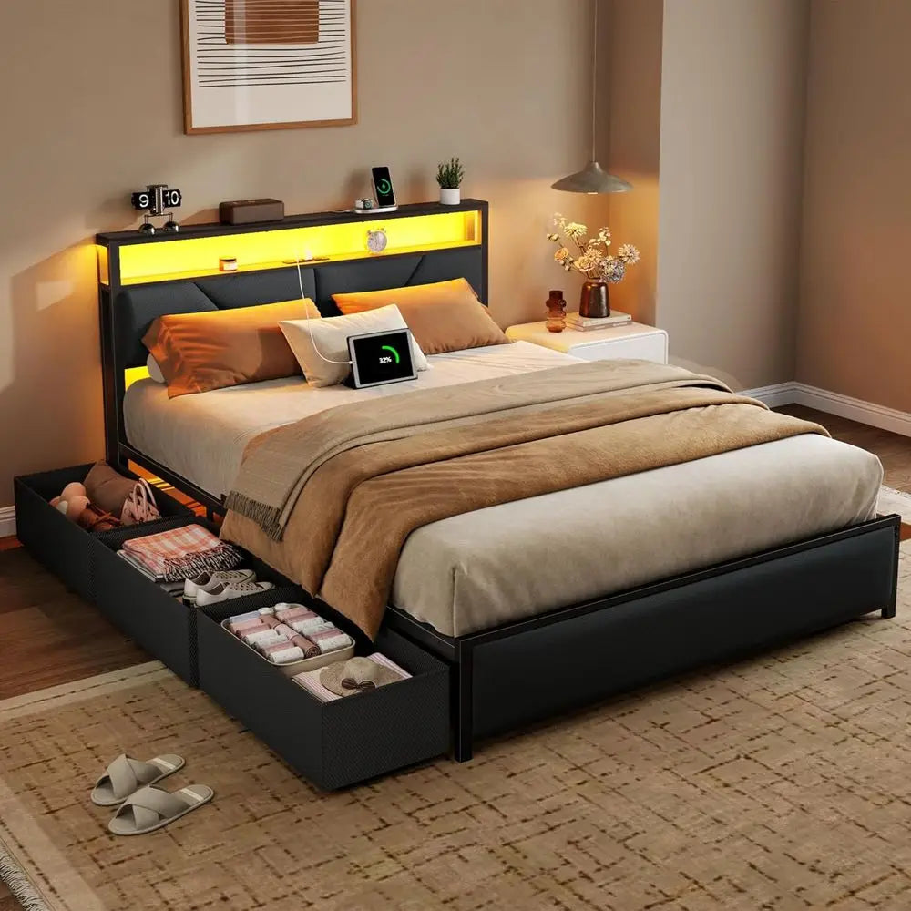 Size Bed with 2-Tier Storage, PU Leather Upholstered Platform Bed with 6 Storage Drawers, Charging Station and LED Lights, No Bo