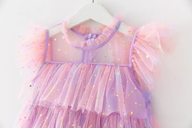 Girls Rainbow layered Dress Birthday Dress Teens Girl Clothes Summer Sequined Princess Mesh Tutu Dresses Kid Party Costume