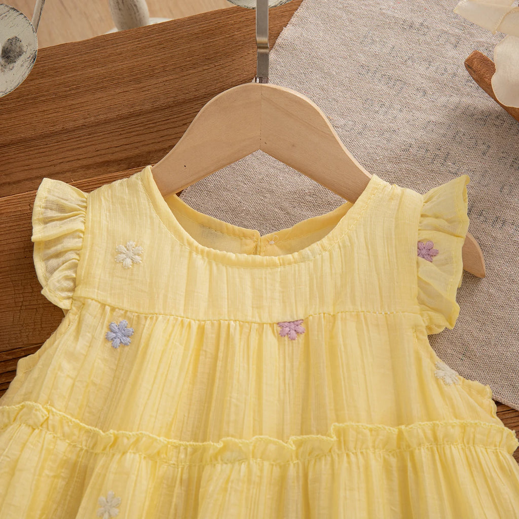 Korean Style Trend Sweet Flowers Embroidery Birthday Party Baby Girl Dress Summer Thin Short Sleeves Crew Neck Toddler Dress