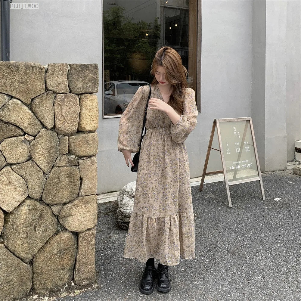 Chic Korean Clothes Design 2022 Autumn Spring Womens V Neck Elegant Lady Floral Printed Retro Vintage Long Maxi Dress