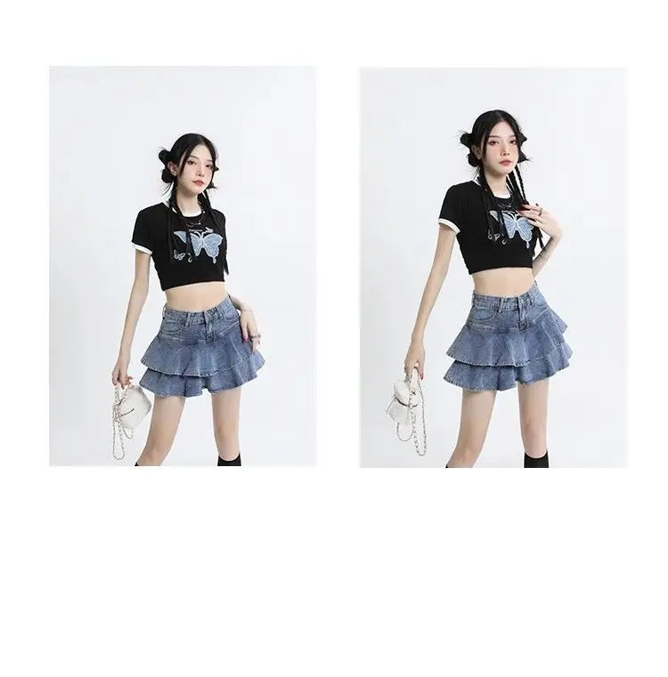 Women's Double Layer Ruffled Denim Mini Skirt With Heart Chain Decoration