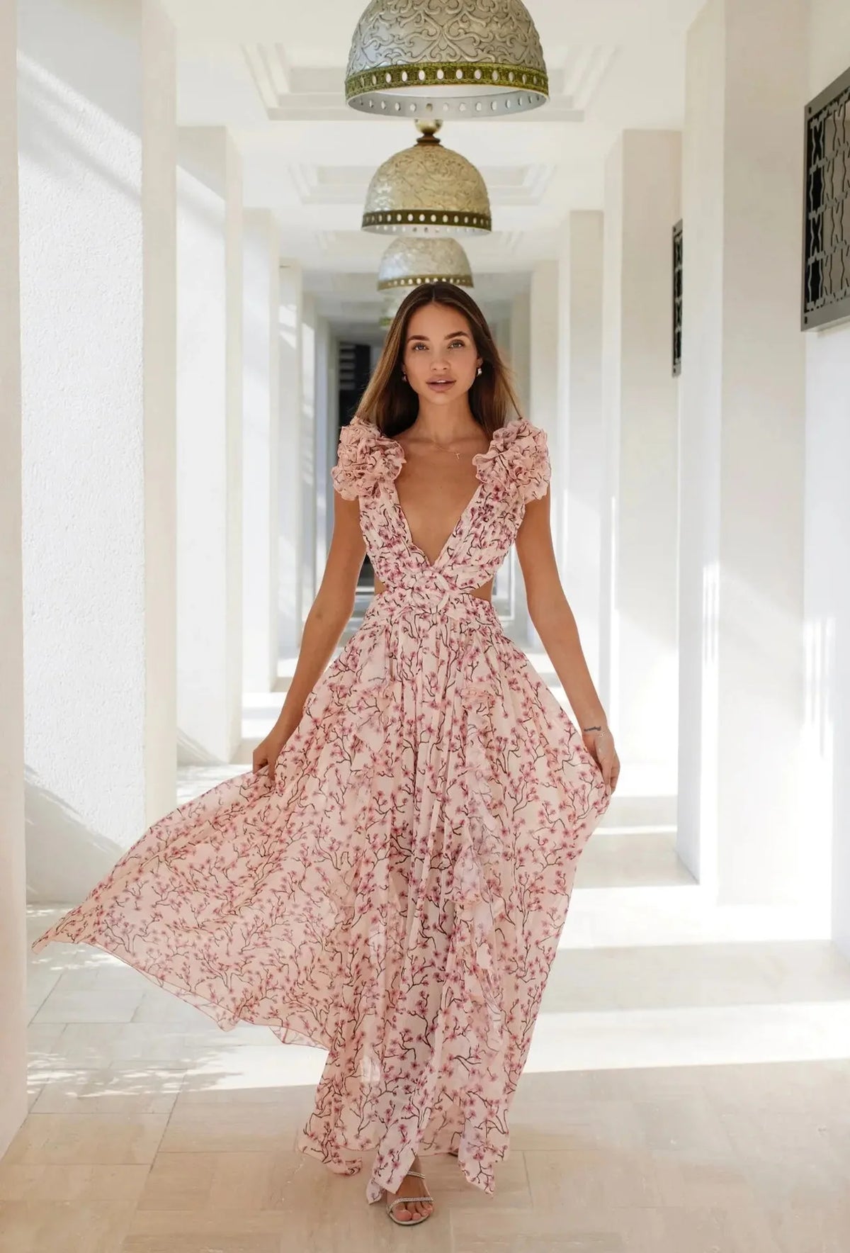 Floral Dress Women Spring Summer Deep V Neck Ruffle Hem Hollow Out Backless Maxi Dresses Bohemian Beach Sundress Outfit