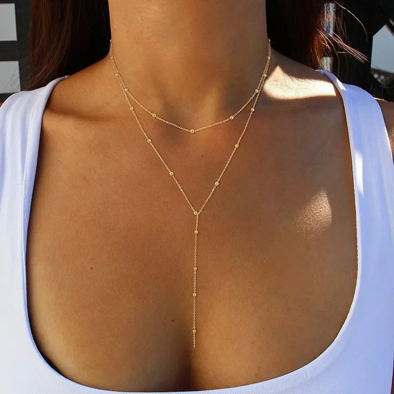 Gold Plated Lariat Necklace For Women'S Double Laryer Long Chain Drop Pendant Choker Necklaces Fashion Gifts