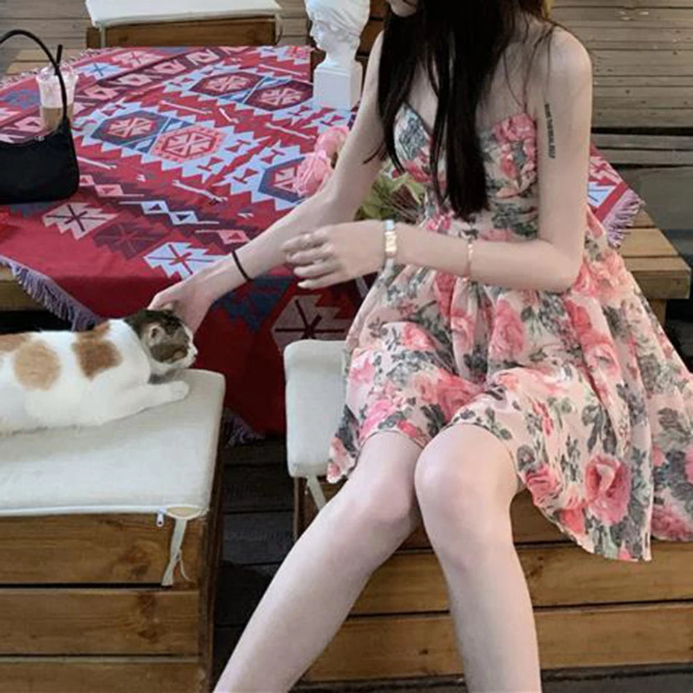 Women's Floral Print A-line Dress with Adjustable Straps and High Waist Design for Spring Summer Autumn Winter Wear