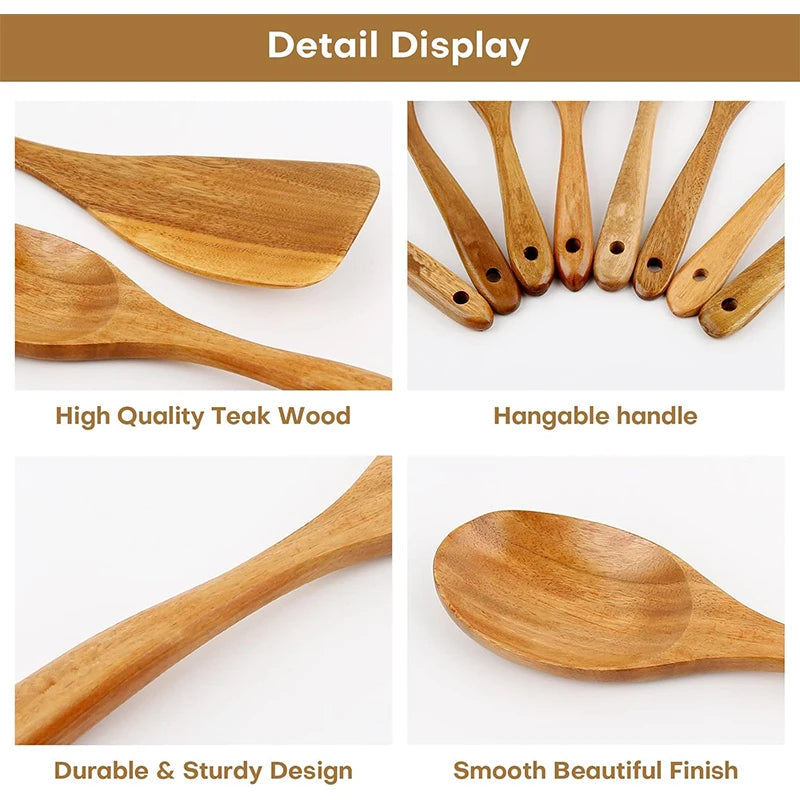 LMETJMA 10 Unidades de Utensilios de Cocina de Madera de Teca Natural, Juego de Cucharas y Espátulas de Madera para Cocinar y Hornear JT503