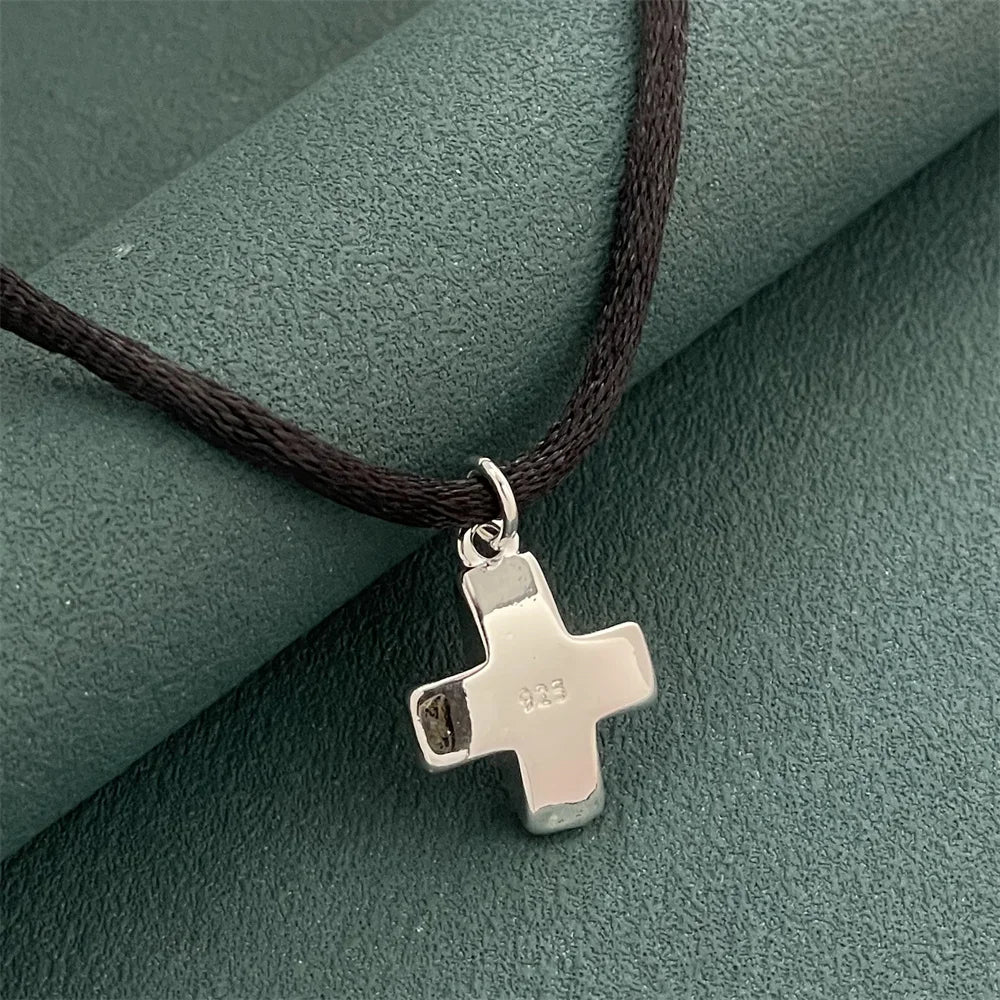 Exquisite 925 Silver Jewelry, Short Cross Pendant With Black Rope, Suitable For Daily Wear Or Giving