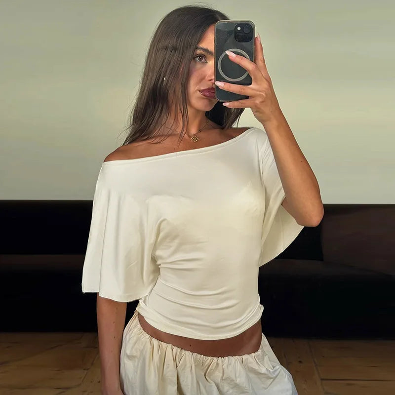 Casual Skew Collar Solid Slim Crop Tops Women Sexy Lace Up Short Sleeve T-shirt Autumn Female Streetwear Clothes Party Office