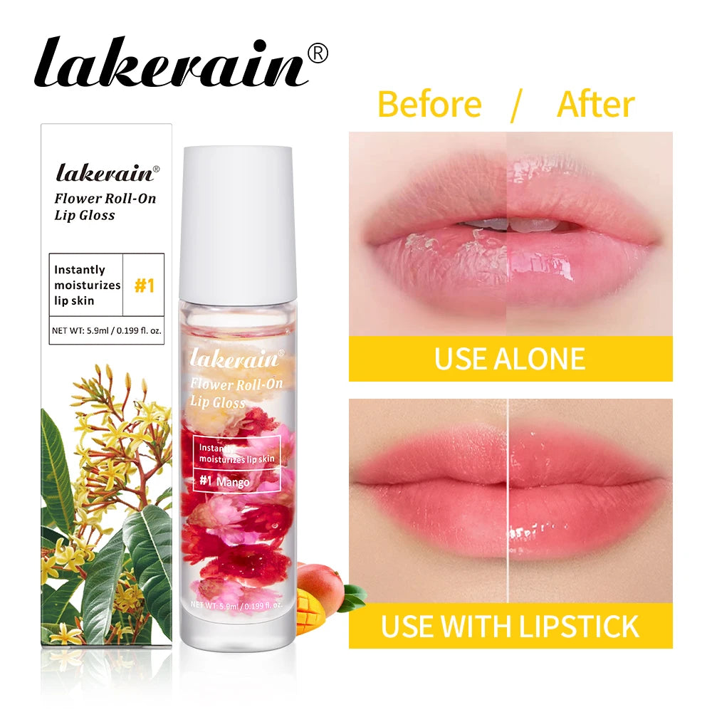 Lakerain Flower Roll-On Lip Gloss Fruit Flavor Sweet Taste Soften Lip Skin Long Lasting Gloss Deep Moisturizing Bright Gloss