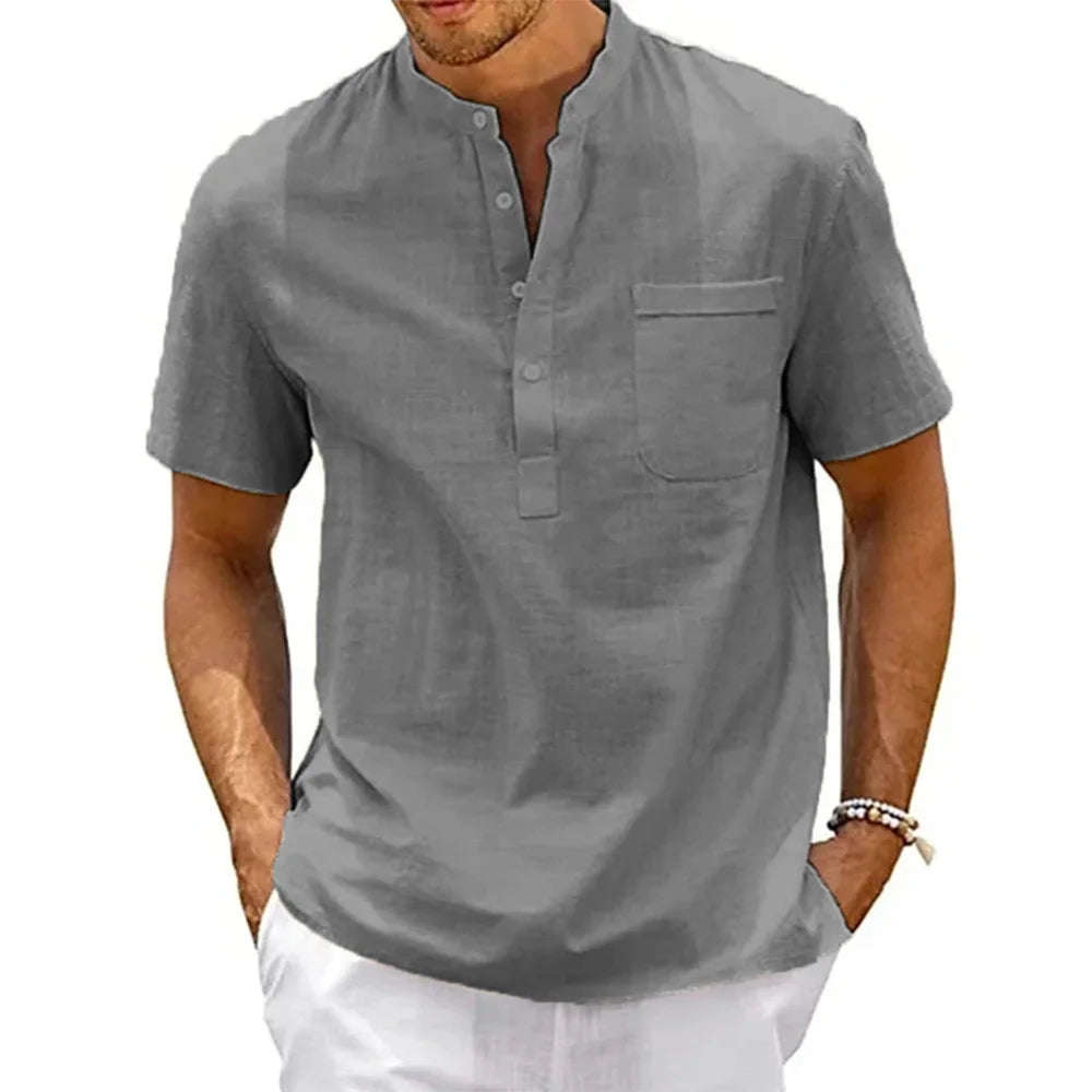 Cotton Linen Shirt For Men Henley With Pocket Breathable Solid Color Short Sleeve Casual Beachwear Vintage Streetwear