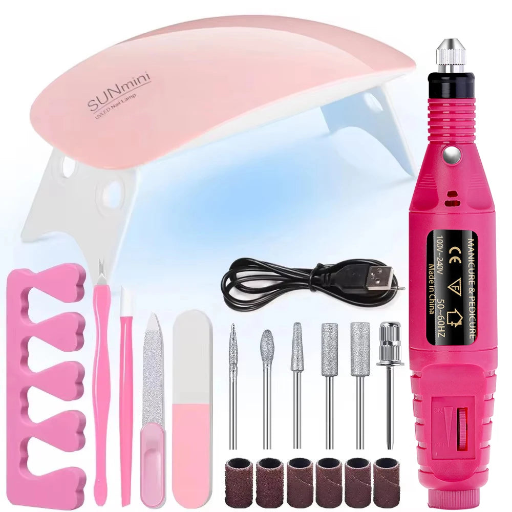 LINMANDA Kit profesional de taladro eléctrico USB para uñas con lima y pulidor, lámpara de uñas UV LED, secador de manicura en gel, kit de inicio de acrílico