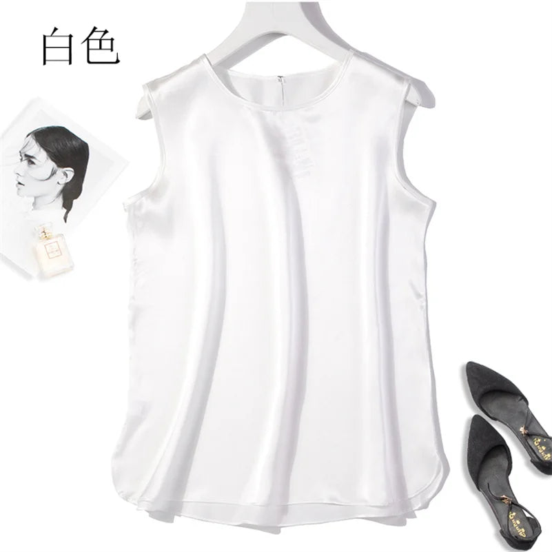 Elegant Fashion Satin Tank Tops Office Lady Blouse Shirts plus  Summer Slim Sleeveless Vest Women Simple O-neck Tops y2k clothes