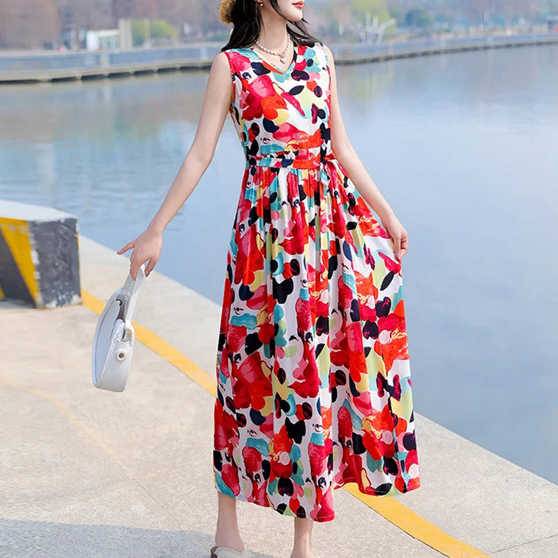 Spring Summer Dresses Fashion Female Sleeveless printed Casual Dress Women A-line Dresses Vestidos