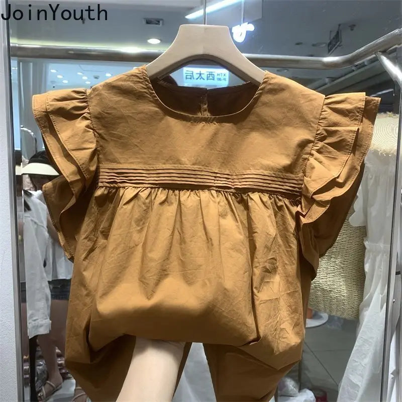Women's Korean Style Ruffle Blouse – Loose O-Neck Flying Sleeve Vintage Top