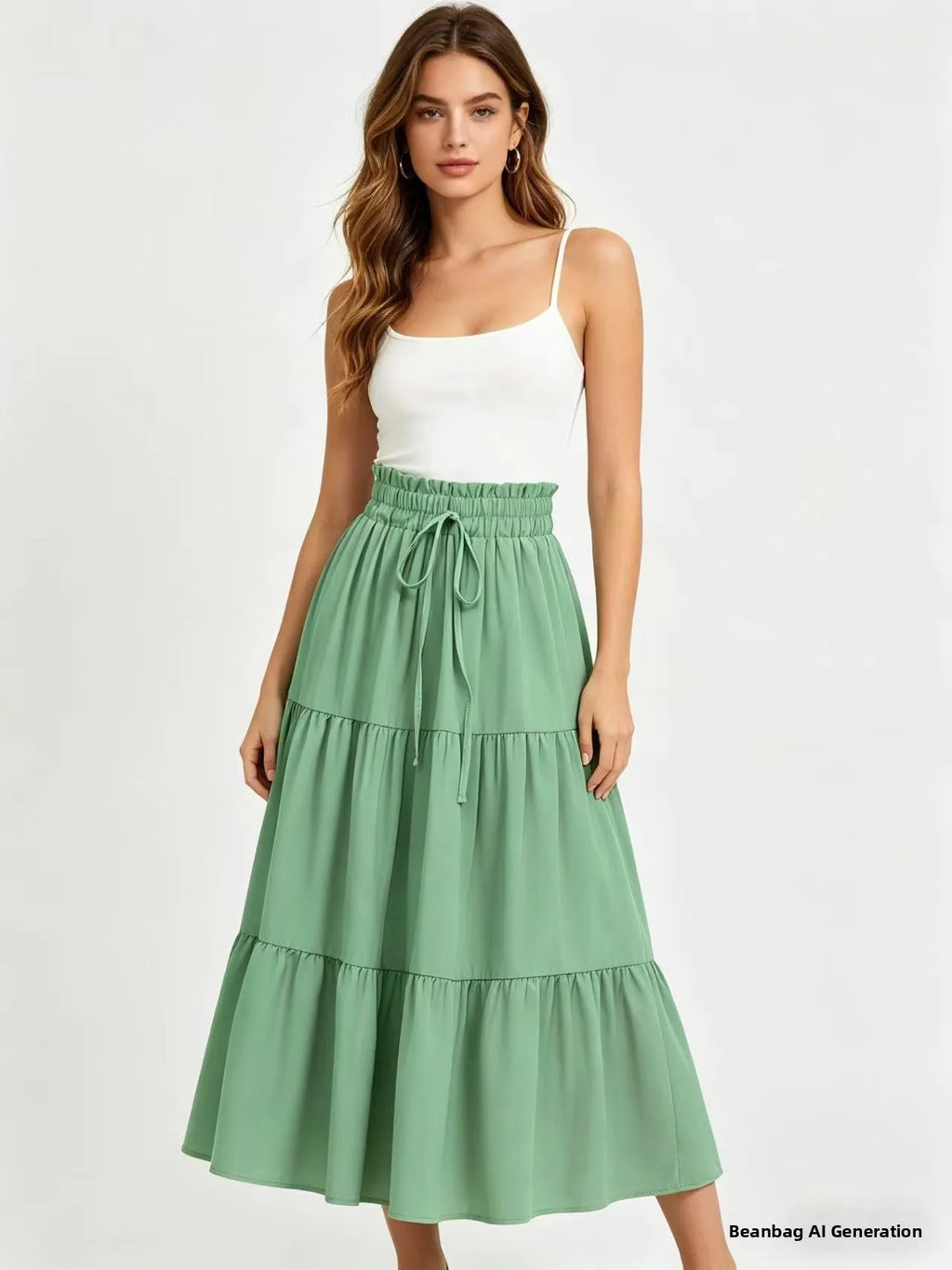 Elegant High Waist A-Line Midi Skirt with Drawstring Pure Color Women's Fashionable Versatile Half-length Skirt for Casual Tr...