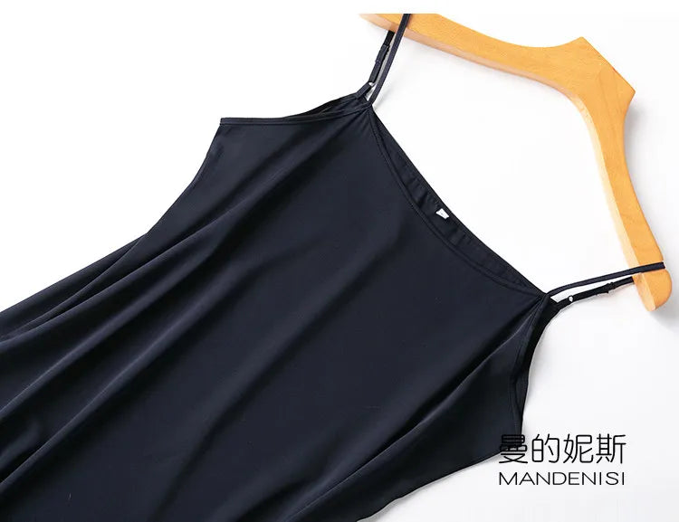 Tcyeek Women Silk Dress 93%Silk 7%Spandex Spaghetti Strap Mid Dresses 2024 Summer New Clothes Blue