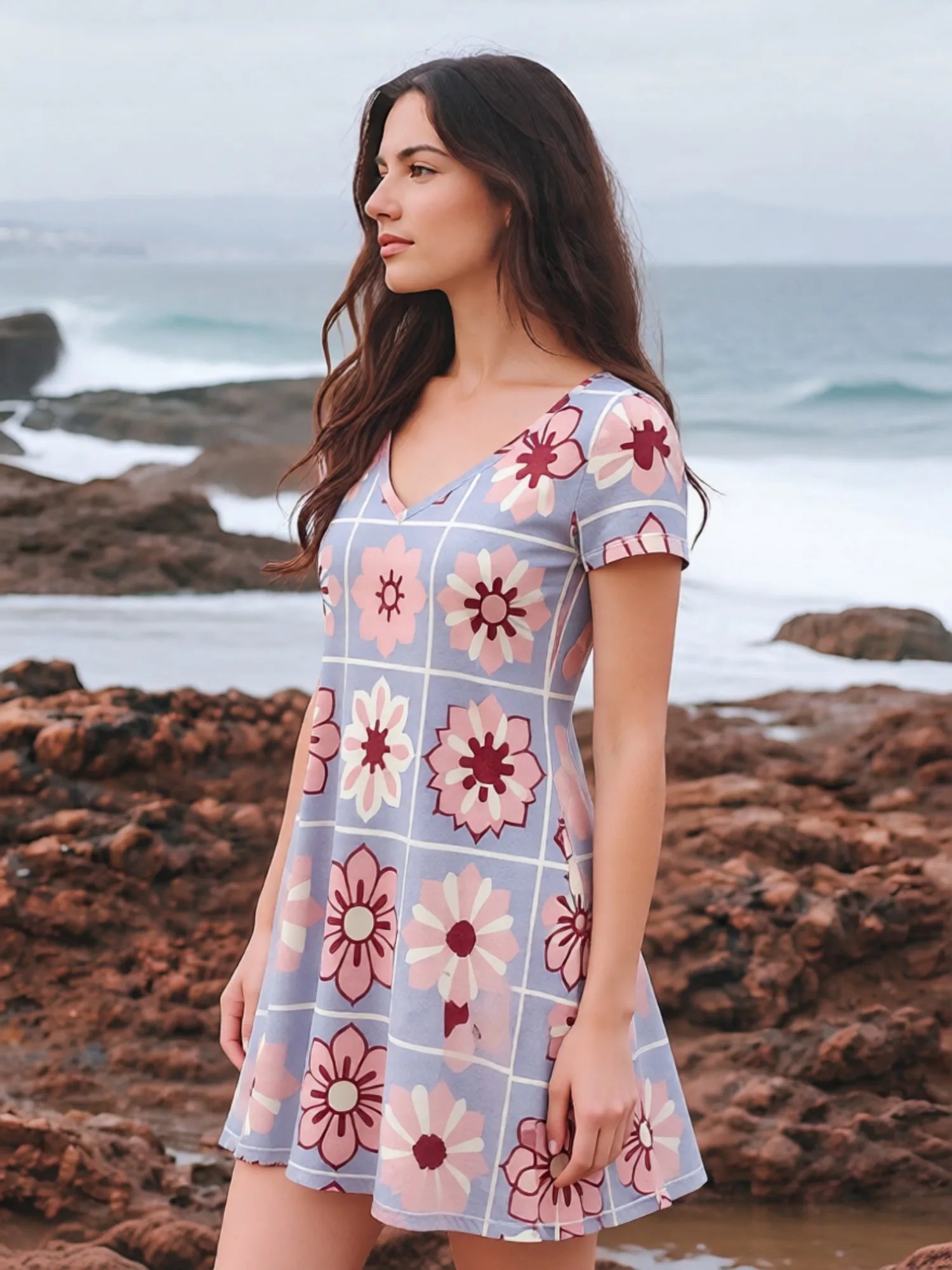 Womens V Neck Short Sleeve Floral Swing Mini Dress Casual Vacation Picnic Sundress Outfit Light Flowy Pretty Sweet Modern Resort