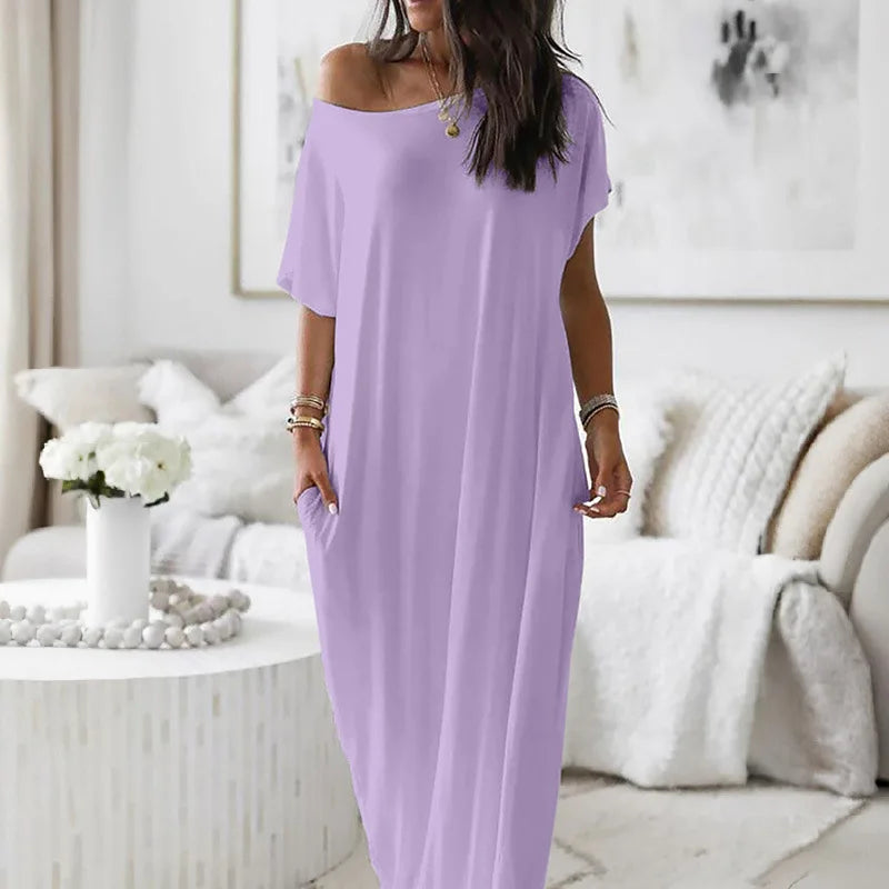 Casual Pure Color Short Sleeve Long Dress Women's Summer New Style Cross-Border TK Loose Waist Milk Fiber Straight Cut Dress