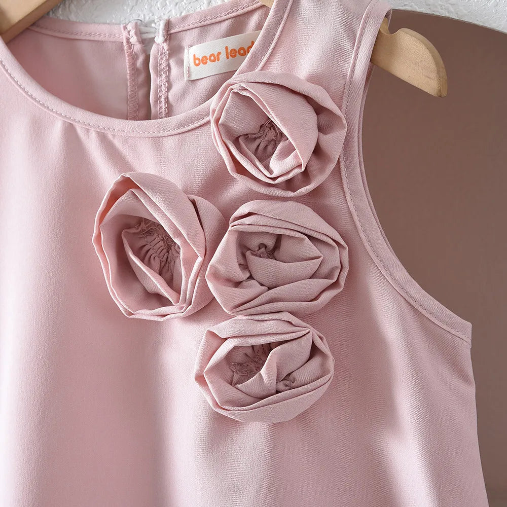 Bear Leader Pink Sweet Cute Princess Girl Dresses 3D Flower Decoration Sleeveless Birthday Party Dress Solid Color Kids Clothes