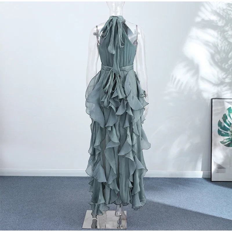 Summer Cascading Ruffles Long Dress Women Sleeveless Lace Up Pleated Female A-line Dresses 2026 Fashion Lady Holiday Robes New