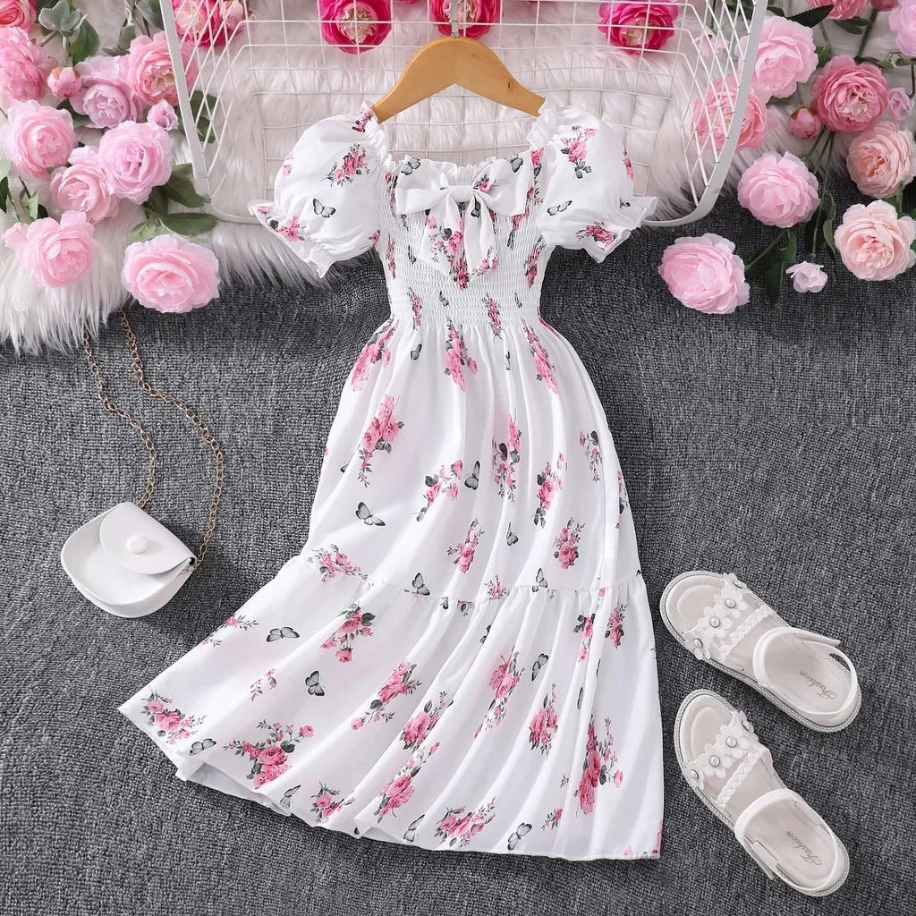 Pink Kids Girl Long Dress Summer Floral Toddler Girls Dresses Cute Sweet Elegant Birthday Party Children Costume 3 4 5 6 7 Yrs